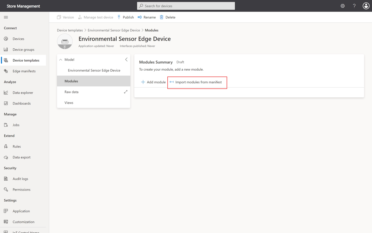 Screenshot that shows the device templates page where you import the module definitions from the deployment manifest.