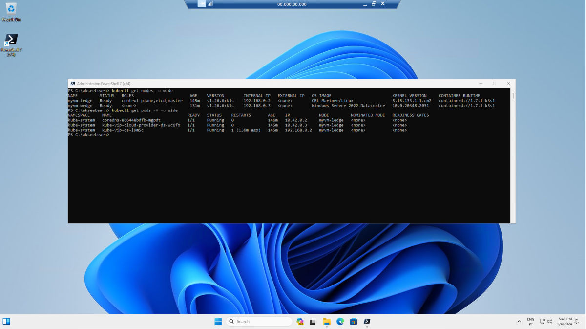 Screenshot of Windows VM with PowerShell commands output demonstrating a successful deployment of AKS Edge Essentials.