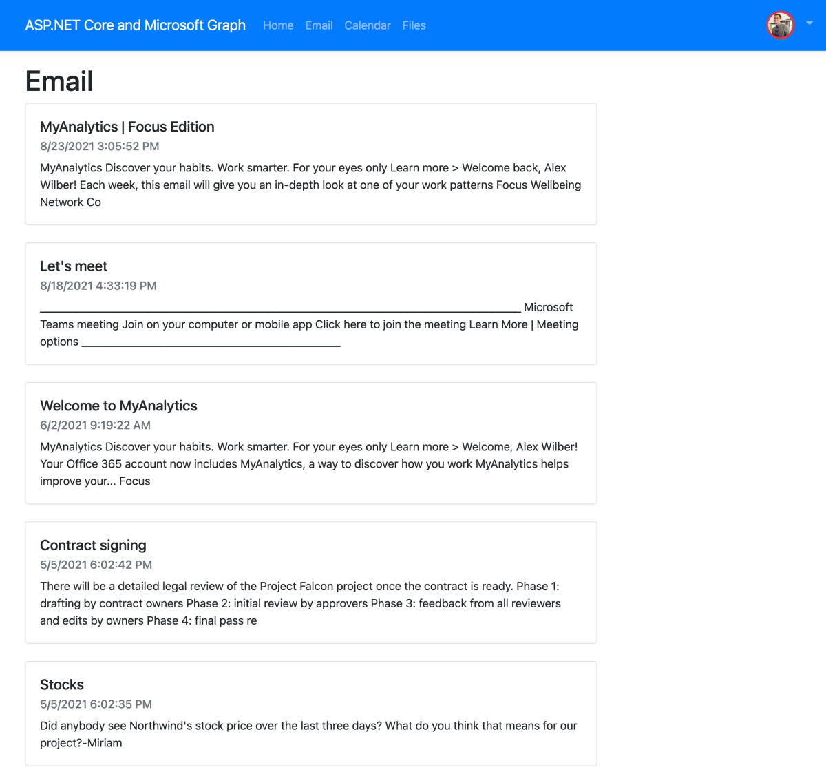 Page displaying email messages retrieved from Microsoft Graph.