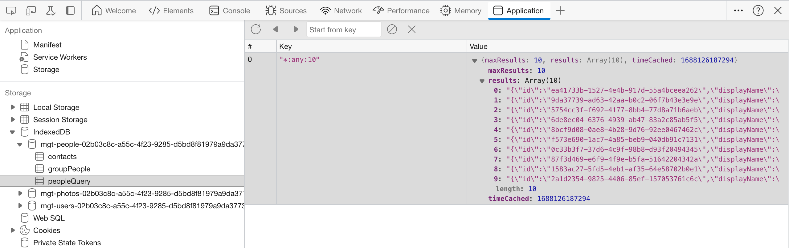 Screenshot of the IndexedDB section with cached data highlighted in the browser's developer tools.