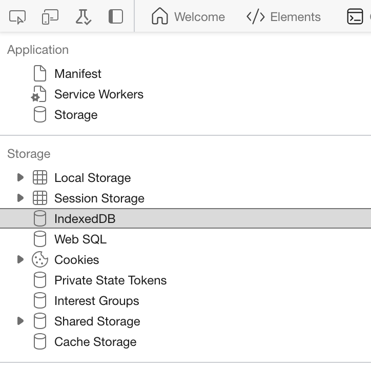 Screenshot of the IndexedDB section without any data highlighted in browser's developer tools.