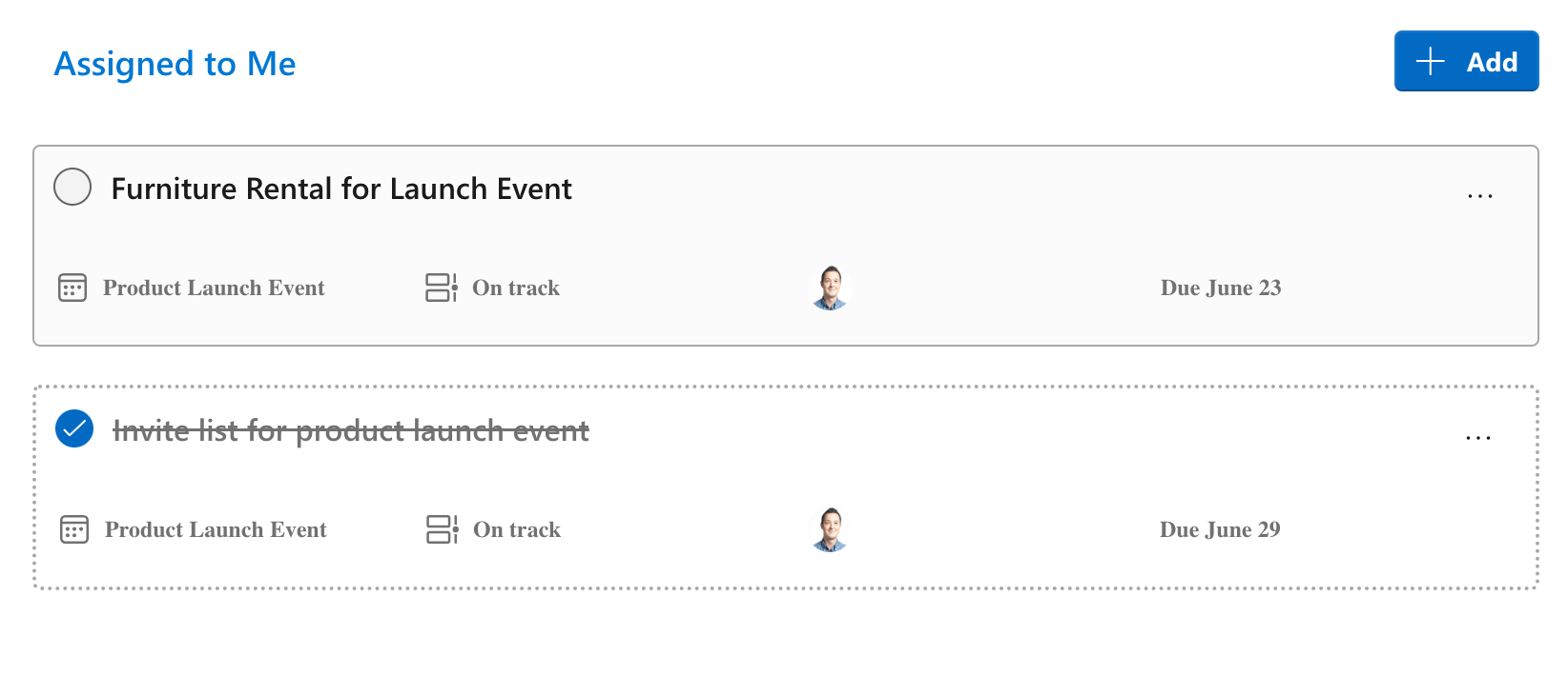 Screenshot of the Tasks component of the Microsoft Graph Toolkit.