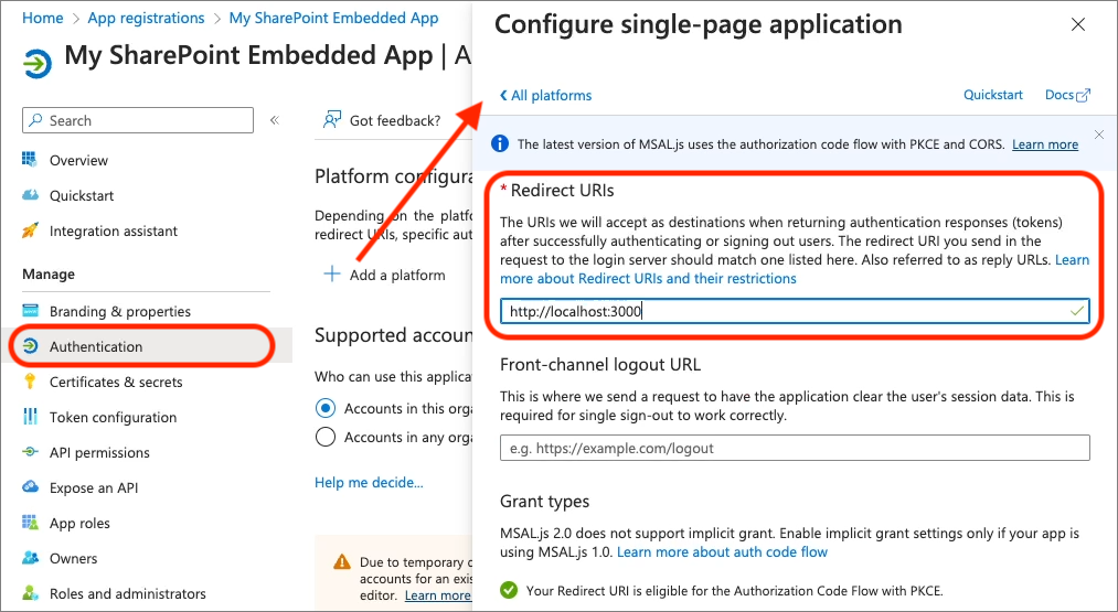 Screenshot of Configuring the Entra ID app's authentication for a SPA.