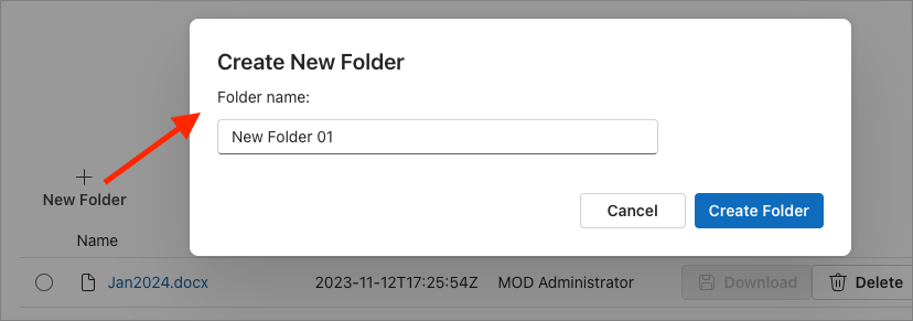 Screenshot of the Create New Folder dialog.