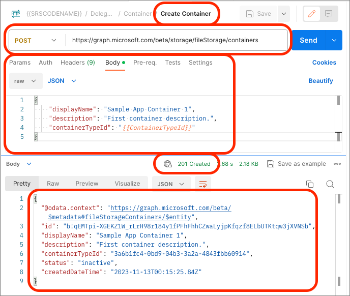 Screenshot showing the new Create Container request and the response from a successful execution.