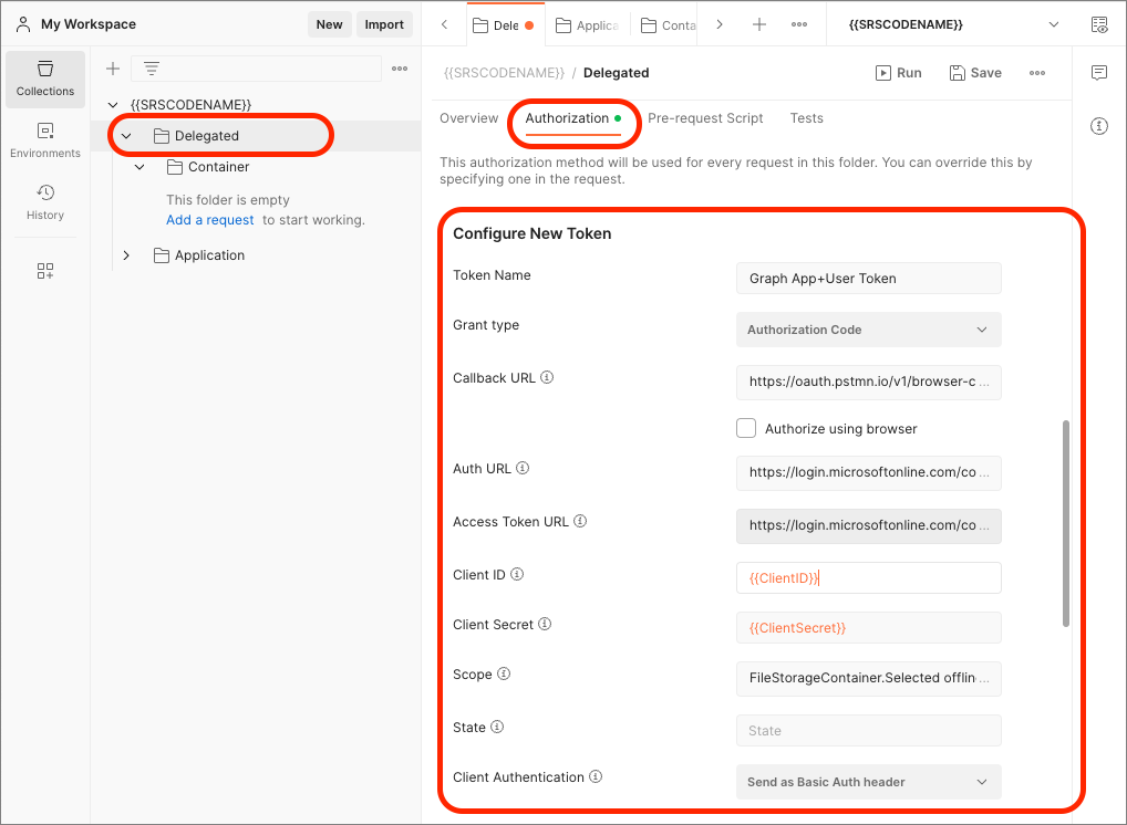 Screenshot of the Delegated folder's Authentication tab in Postman.