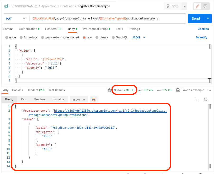 Screenshot of a successful response to Register the Container Type in the Microsoft 365 consuming tenant.