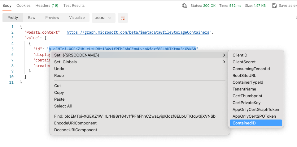 Screenshot showing how to update an environment's variable with a current response.