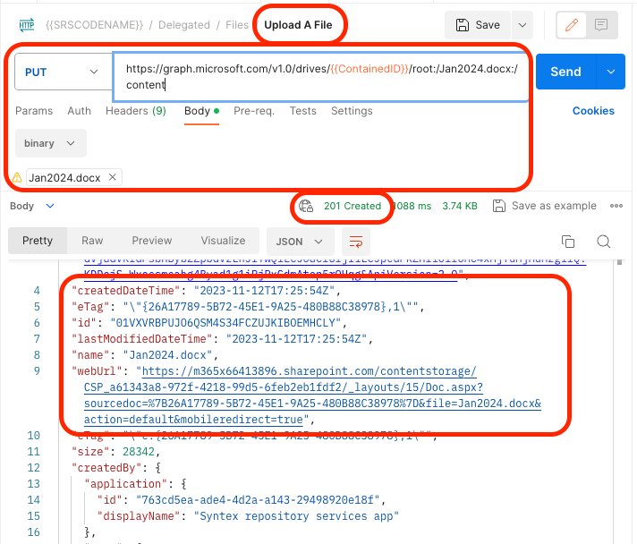 Screenshot showing the results of uploading a file to a Container using the Microsoft Graph's Drives endpoint.