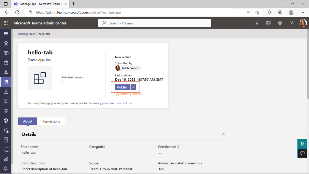 Screenshot of publishing the app in the Teams admin center.