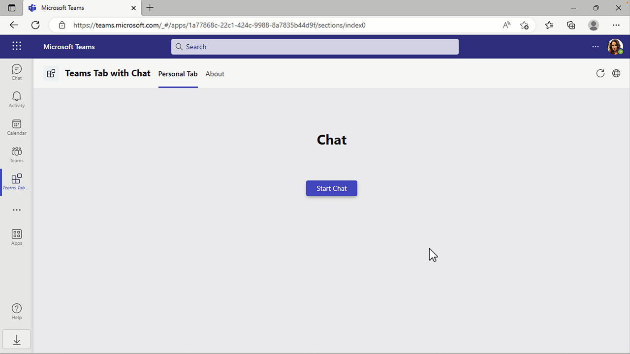 Screenshot of a Teams tab app showing a button to start chat.