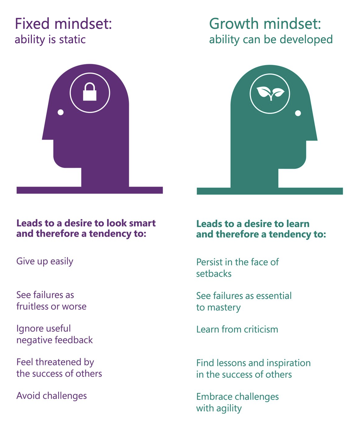 Diagram that compares the characteristics of a fixed mindset and a growth mindset.