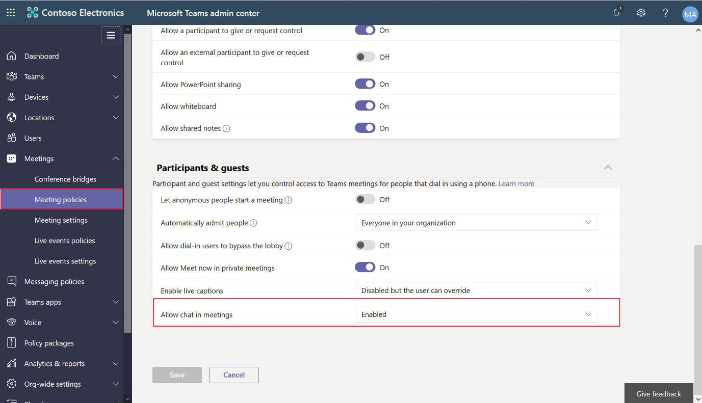 Screenshot showing Teams admin center allowing chat in meetings.