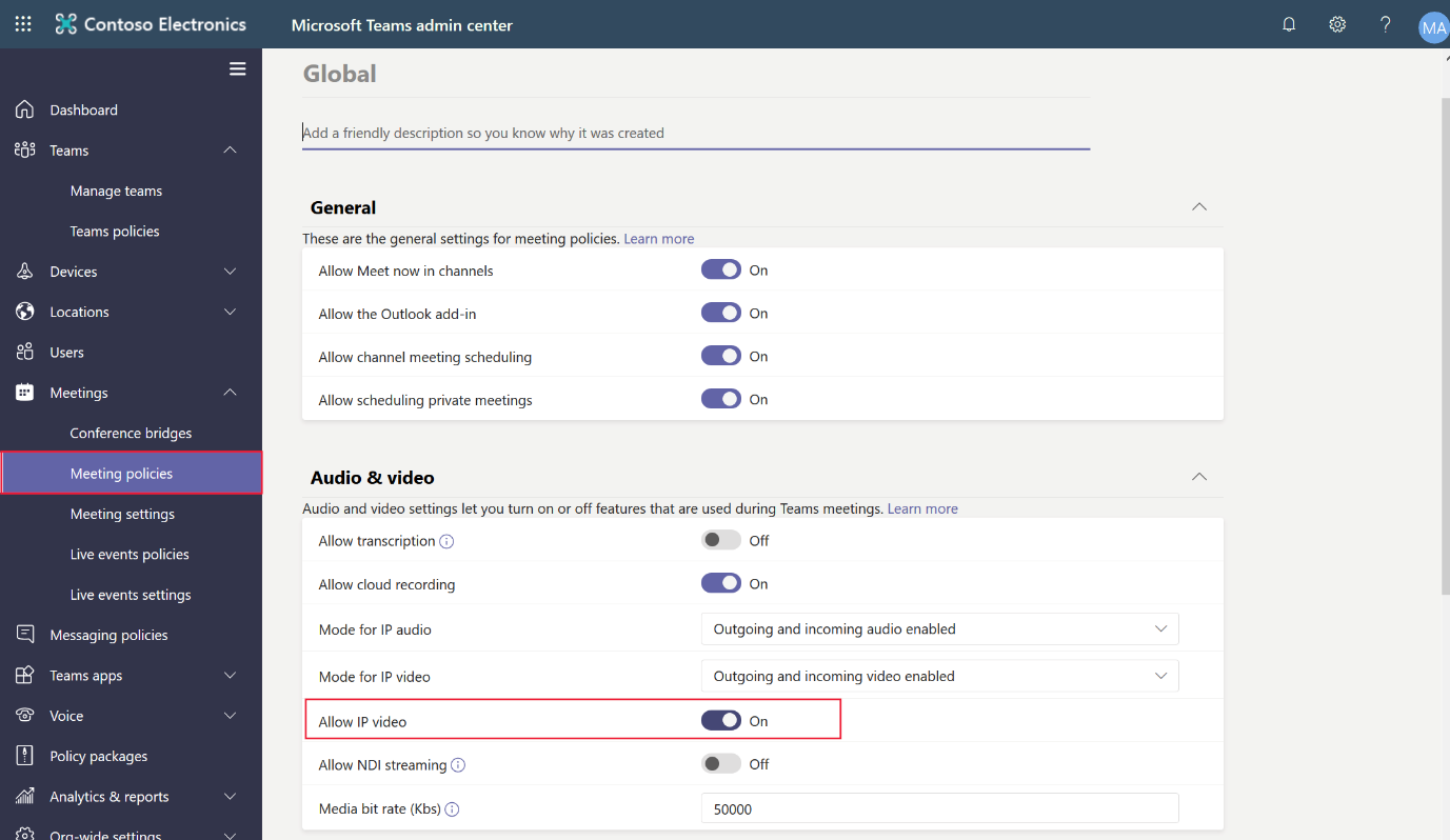 Screenshot showing the Teams admin center meeting policies to allow IP video.