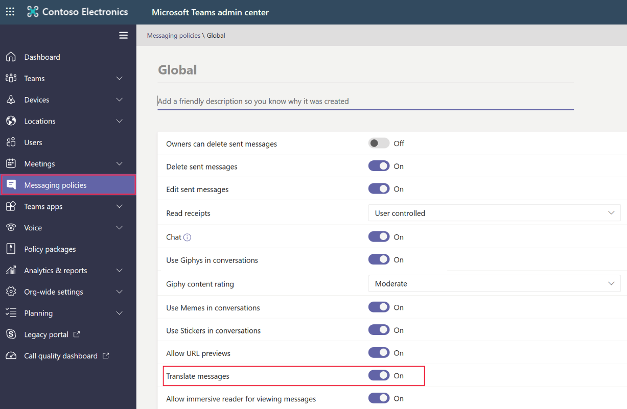 Screenshot showing Teams admin center where you can enable translate messages.