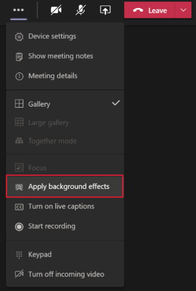 Screenshot showing the Teams menu where you can apply background effects.