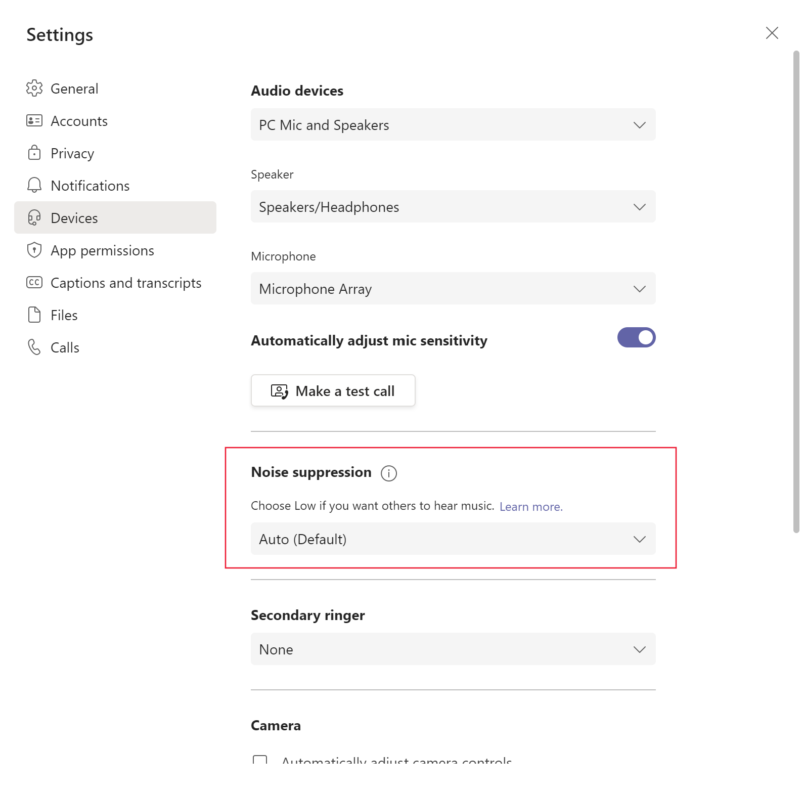 Screenshot showing the noise suppression setting in Teams.