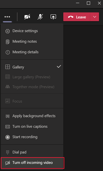 Screenshot showing the Teams menu where you can turn off incoming video.