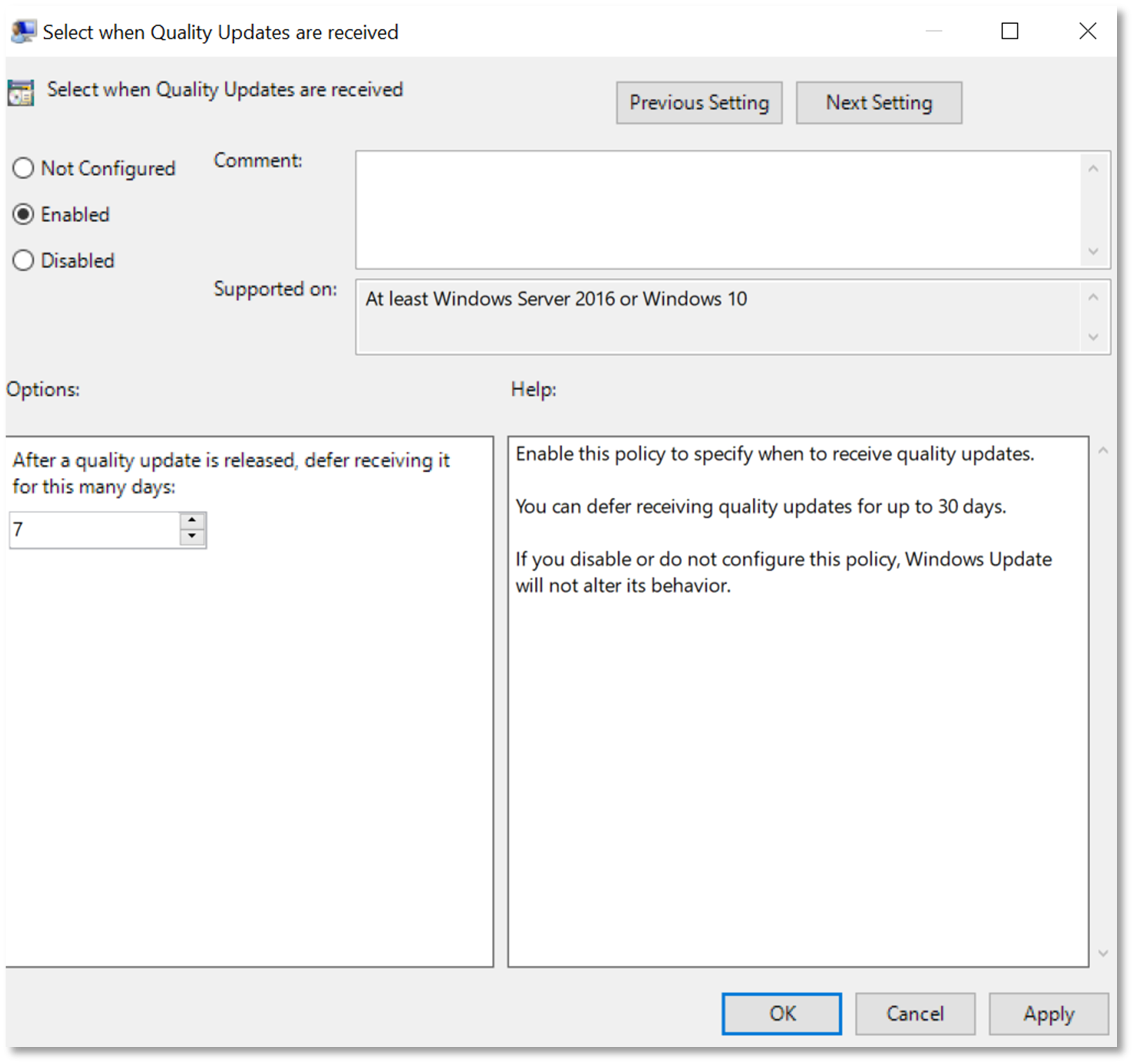 Figure 8. Choose deferral period using a Group Policy.