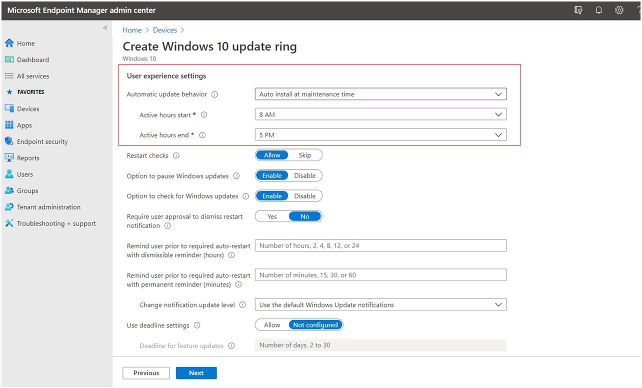 Set active hour range for auto restarts in Microsoft Intune.