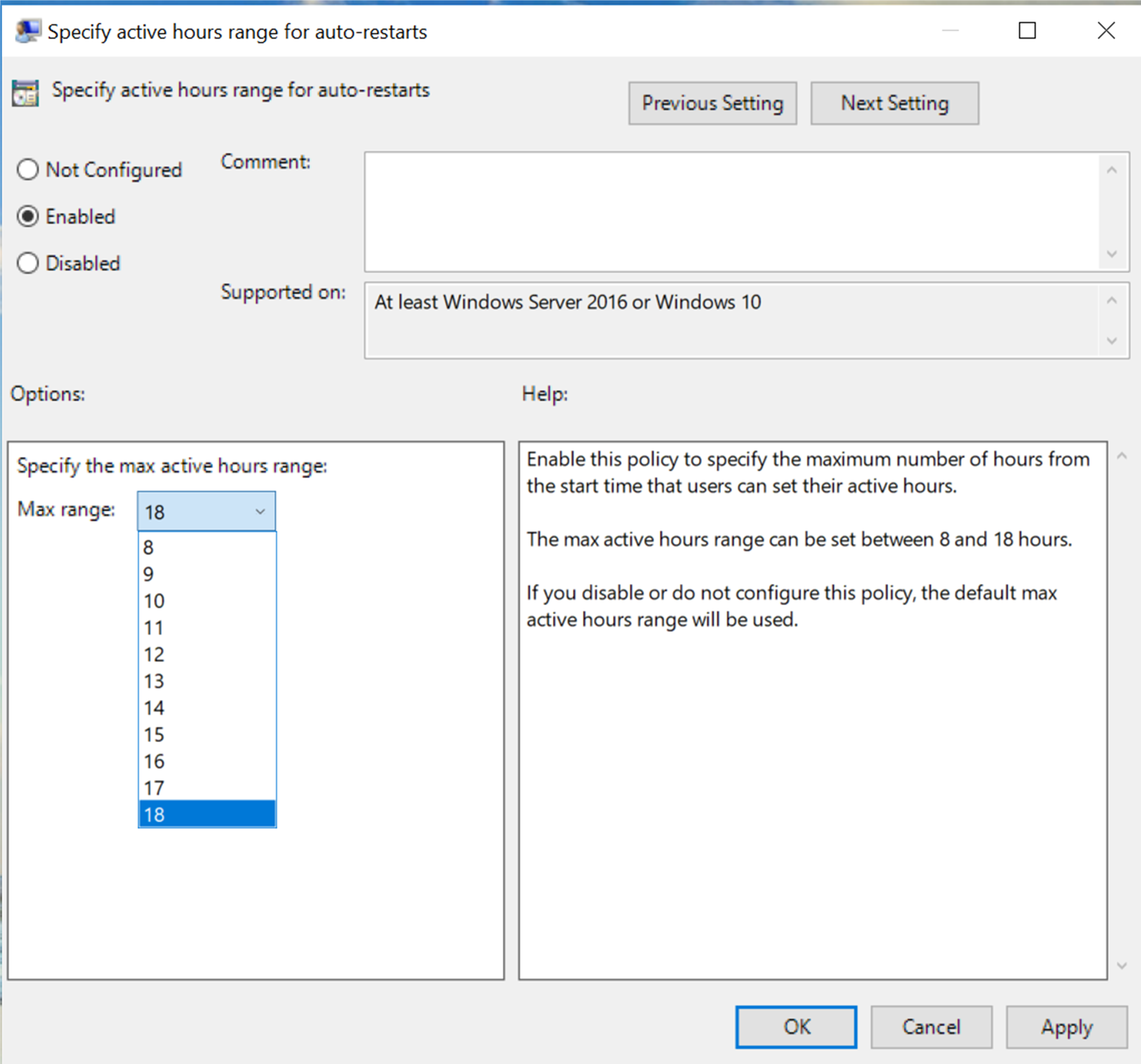 Specify active hours range for auto restarts.