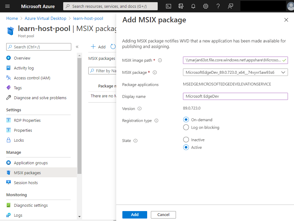 Screenshot of adding an M S I X package to the host pool.