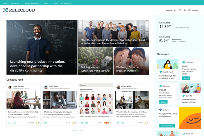 Screenshot of an imaginary organization RELECLOUD Sharepoint home site.
