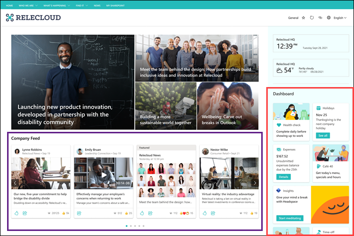 Screenshot of the Dashboard and Feed web parts.