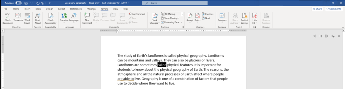 Screenshot of Read Aloud in Word.