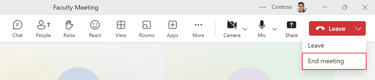 Screenshot showing the option to end the meeting for all attendees by selecting the down arrow on the Leave button.