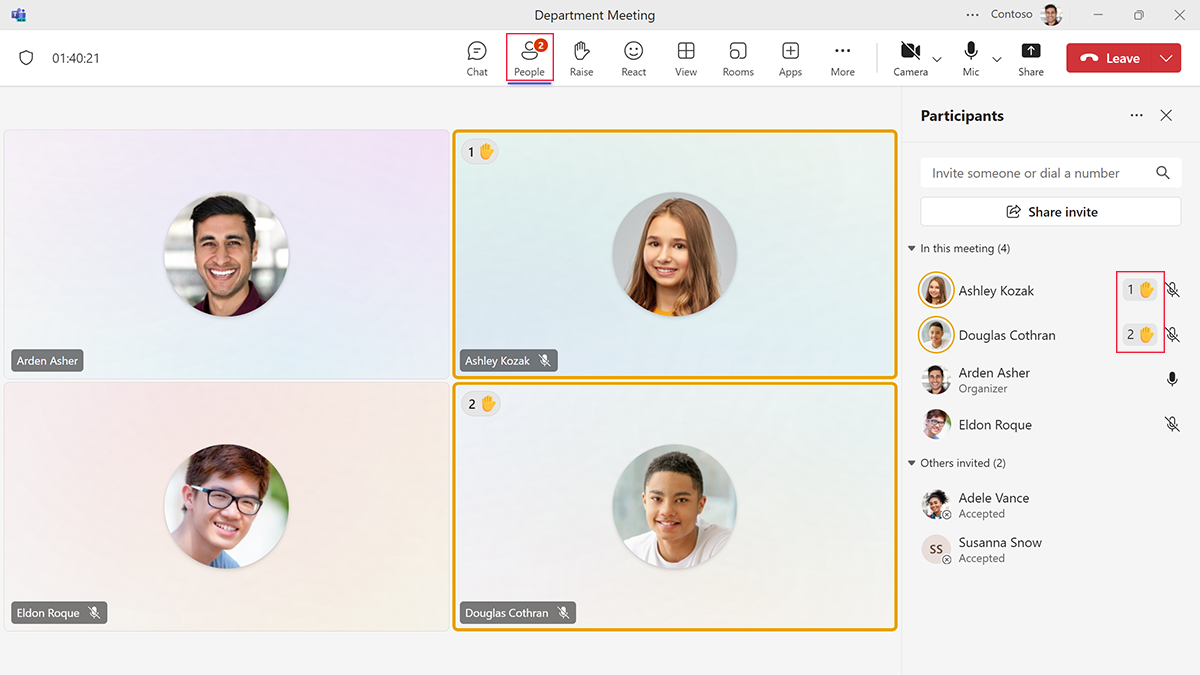 Screenshot of the People panel in a Teams meeting showing the order in which attendees raised their hands.