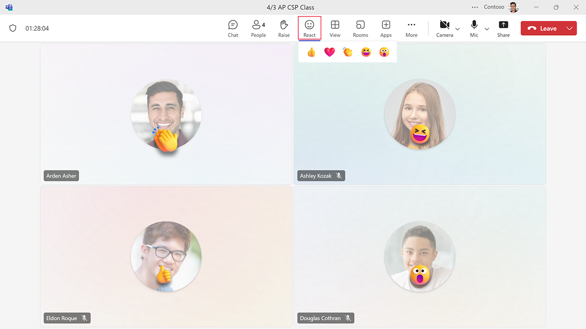 Screenshot of attendees in a Microsoft Teams meeting using the applause, laugh, thumbs-up, and surprise reactions.