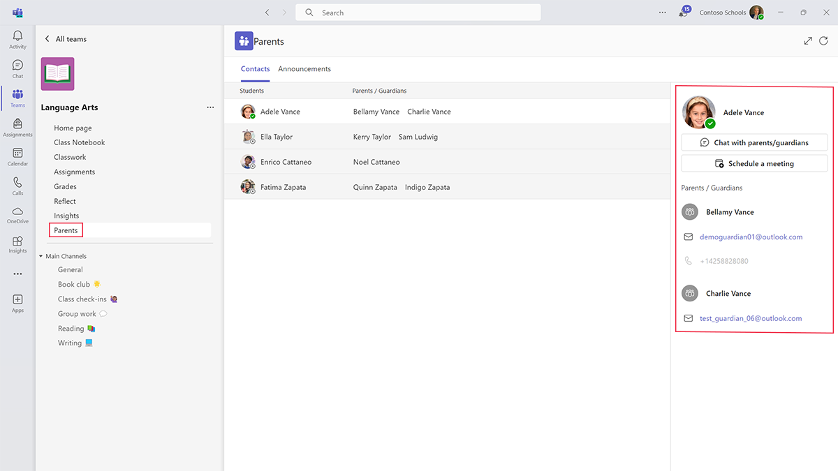 Screenshot of the Parents app in a Microsoft class team.