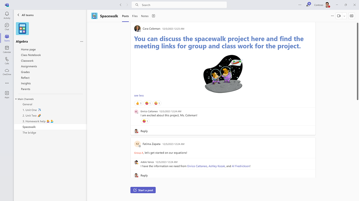 Screenshot of a group project channel in a class team in Microsoft Teams.