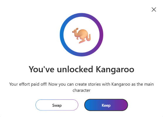 Screenshot of the pop-up informing the reader they unlocked a new character, with options to keep or swap it for another character.
