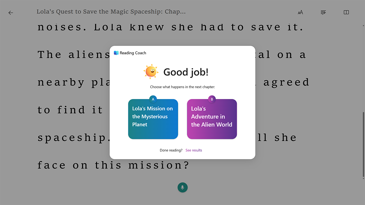 Screenshot of an end-of-chapter prompt offering encouragement and giving the reader a choice in what happens next in the story.