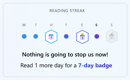 Screenshot of the reading streak widget on the home page of Reading Coach encouraging the reader to read and earn their next streak badge.