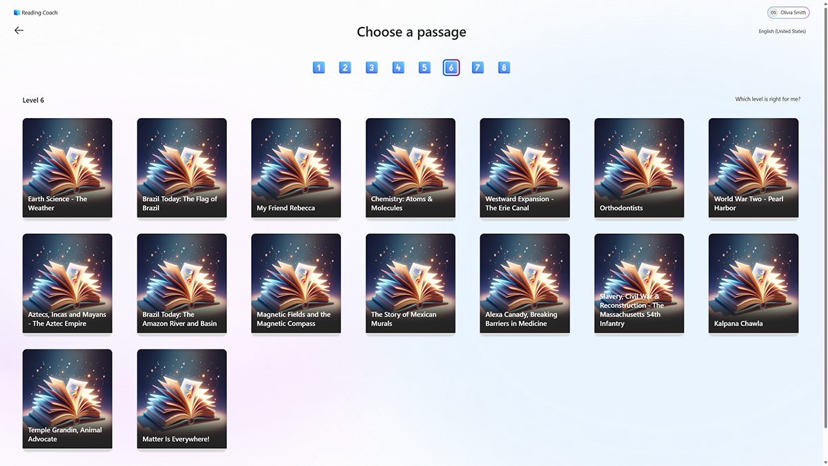Screenshot of the 'Pick a passage' page in Reading Coach showing the reading passages available for the selected reading level.