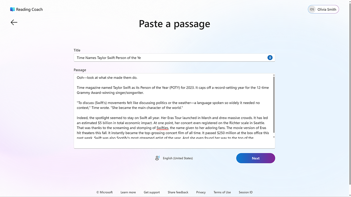Screenshot of the 'Paste a passage' page in Reading Coach with a pasted passage about Taylor Swift.