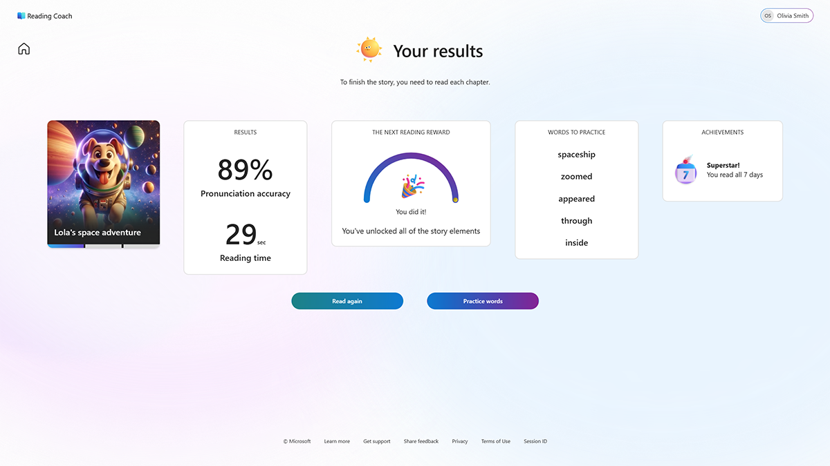 Screenshot of the 'Your results' page which appears after a reader selects 'See results' at the end of a chapter with stats, words to practice, and achievements.