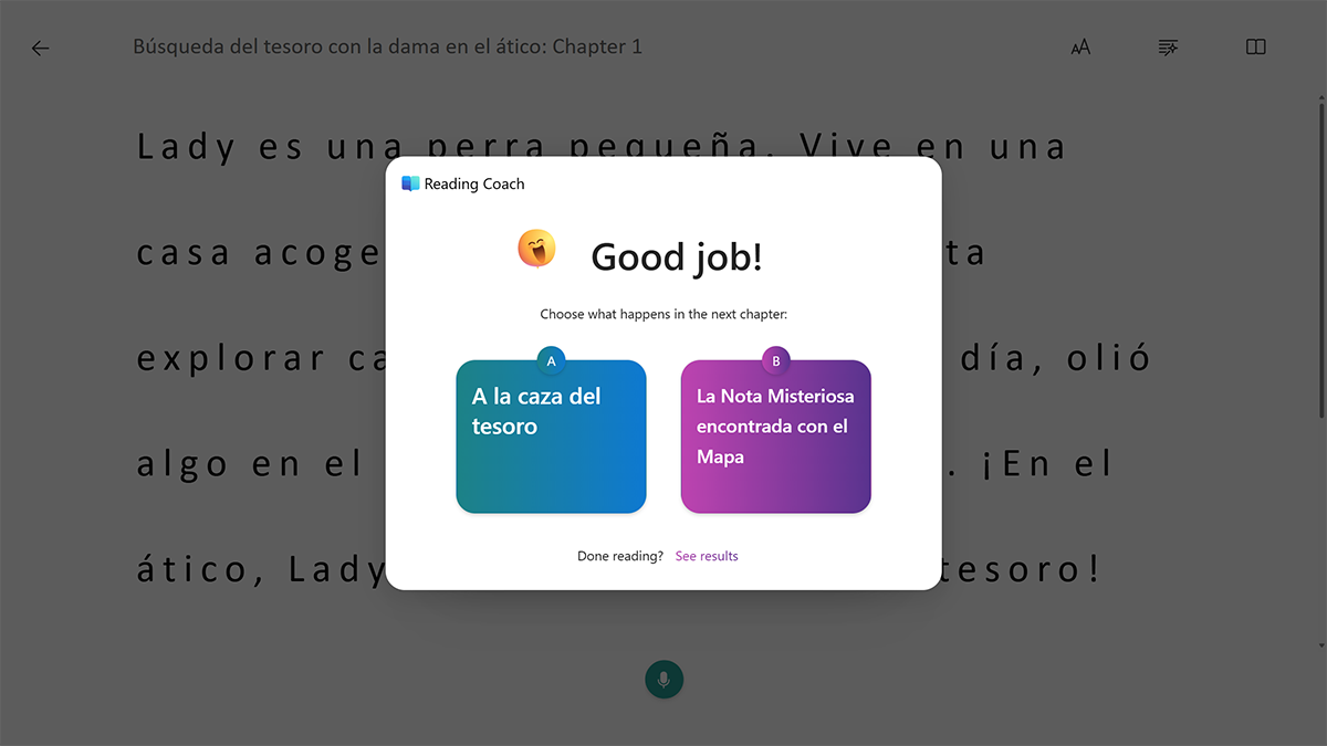 Screenshot of the 'Good job!' prompt box that appears after a reader finishes a chapter with choices for what happens next in Spanish.