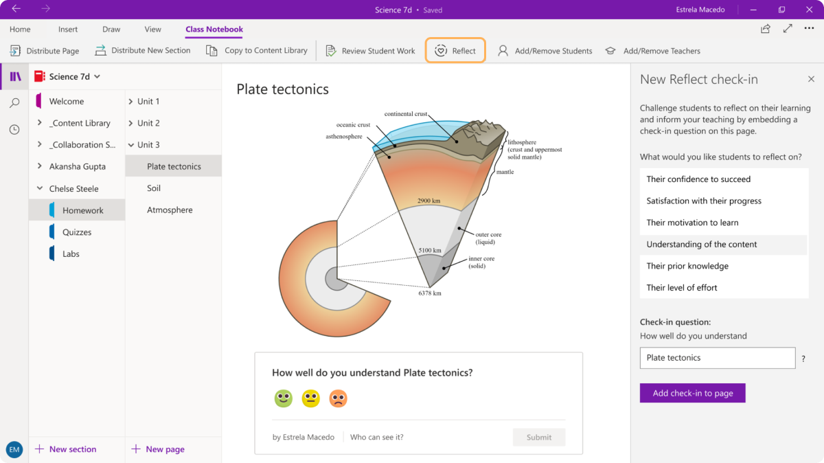 Screenshot of a Reflect check-in in a OneNote Class Notebook.