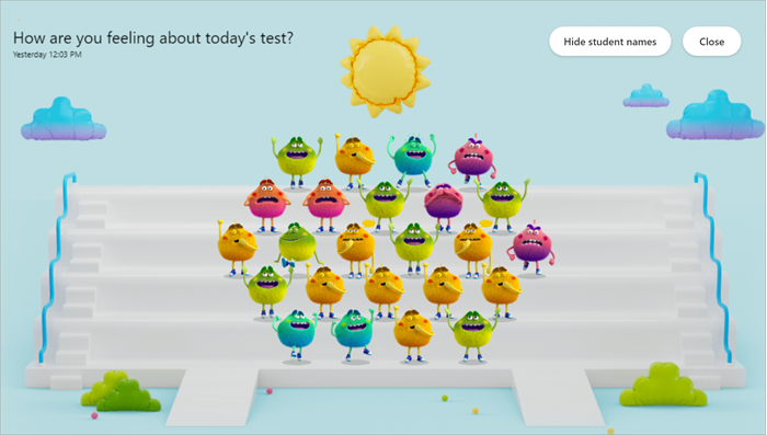 Screenshot of the together view of the Reflect app after a poll closed. Feelings monsters representing each student stand on bleachers as if taking a class picture. The various colors and body language of the feelings monsters illustrate the moods in the class.