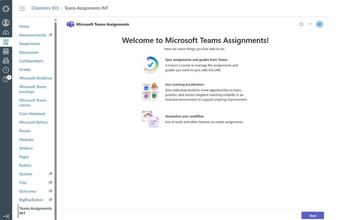 Screenshot of the Teams Assignments LTI® app in Canvas LMS.