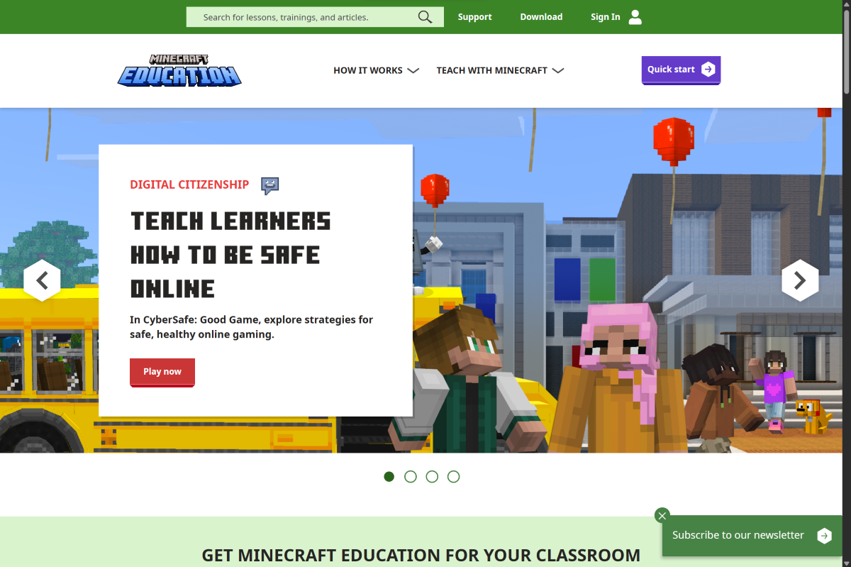 Screenshot of the Minecraft Education homepage.