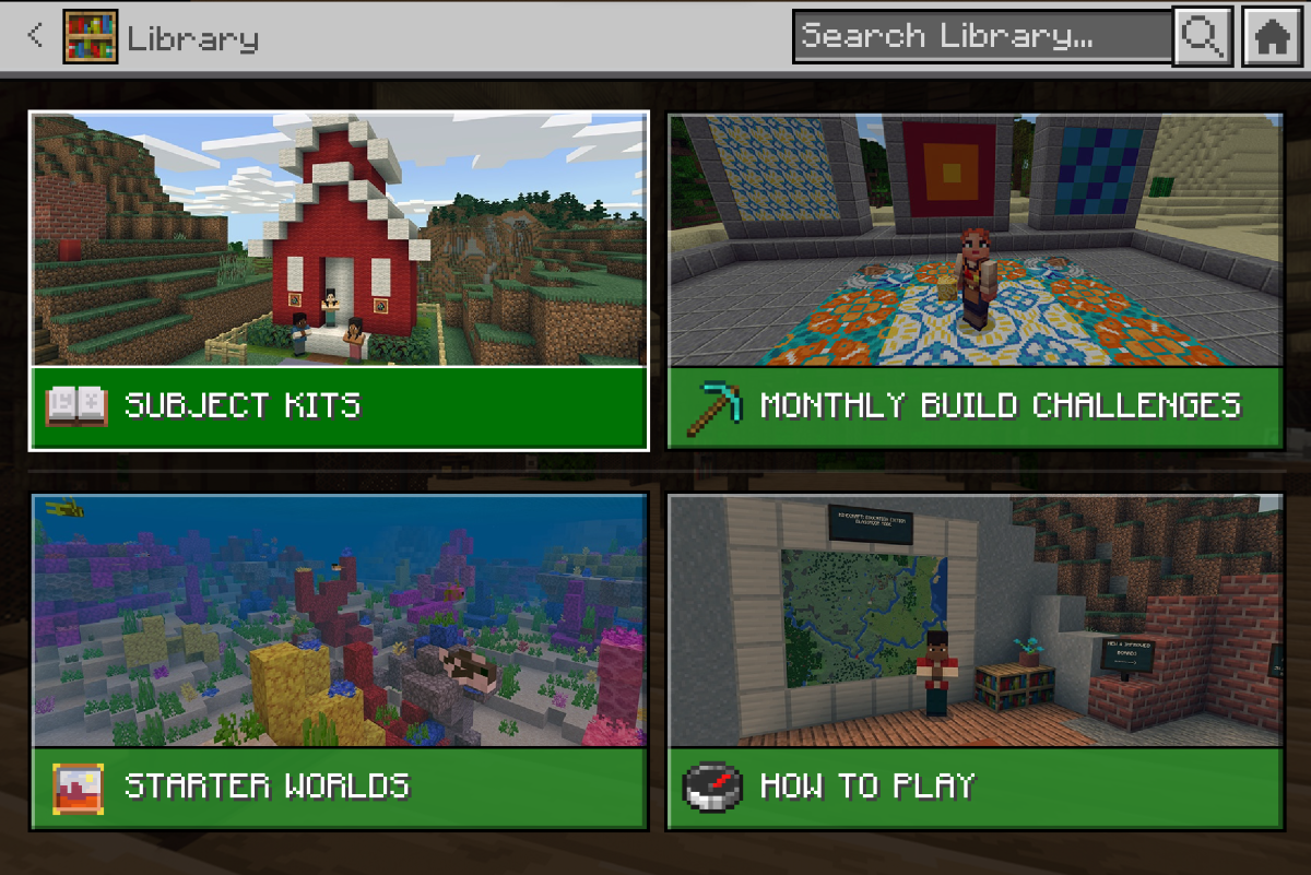 Screenshot of the Minecraft Education in-game library menu displaying four categories: Subject Kits, Monthly Build Challenges, Starter Worlds, and How to Play.