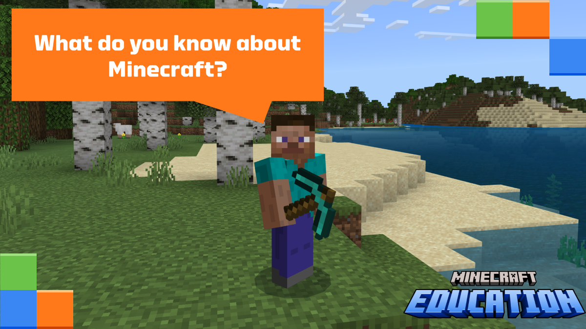 Screenshot of a Minecraft scene with a character saying What do you know about Minecraft.