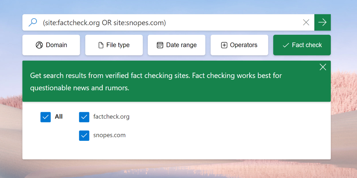 Screenshot of the Fact check filter in Search Coach.