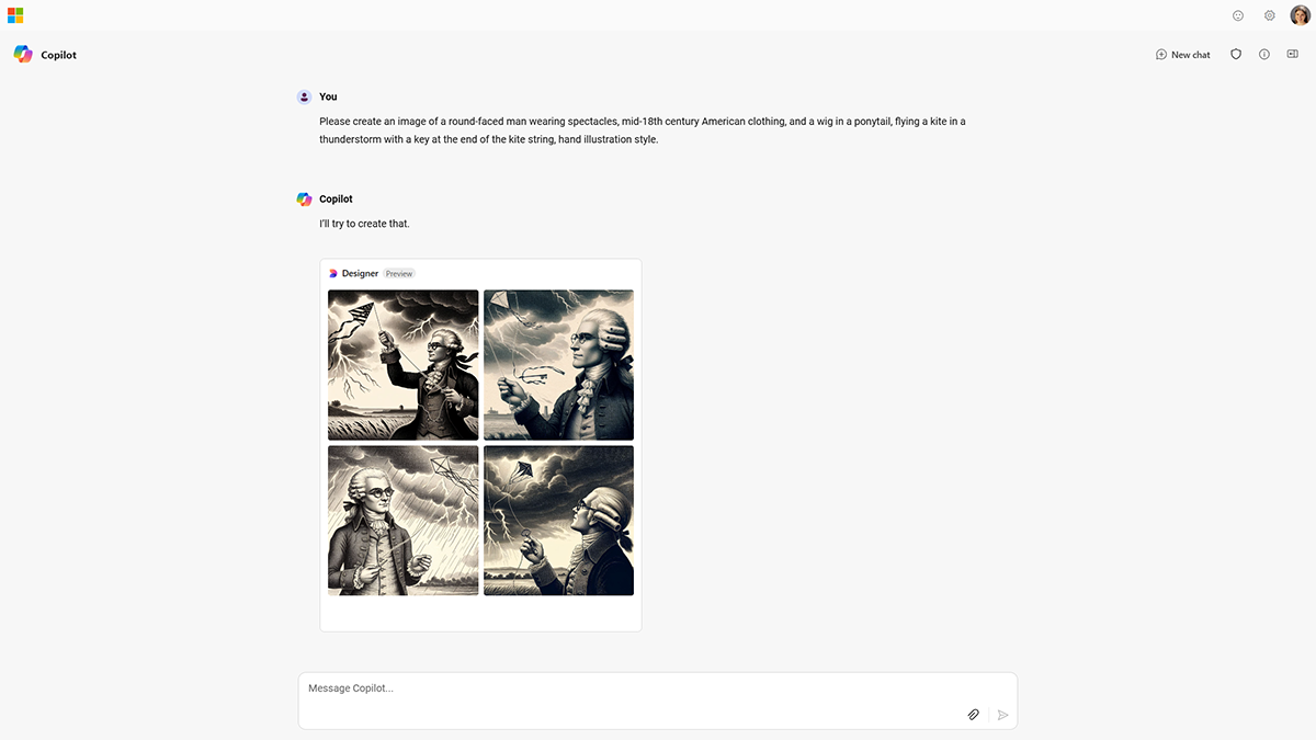 Screenshot of images of Benjamin Franklin flying a kite in a thunderstorm generated in Copilot.