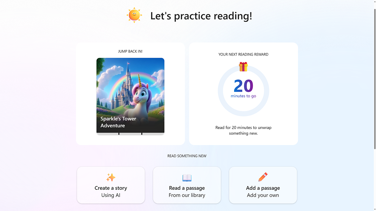 Screenshot of the Reading Coach dashboard inviting the reader to jump back into their story, create or choose a new story, and showing how many minutes to their next reward.